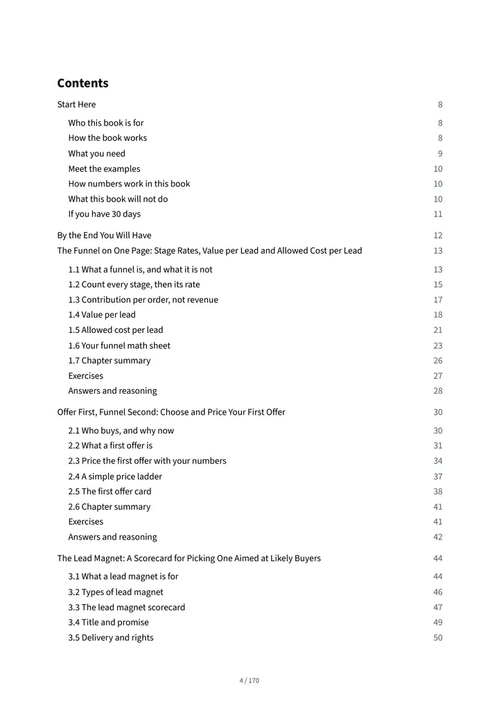 Page 4 of The No-Hype Funnel: the contents
