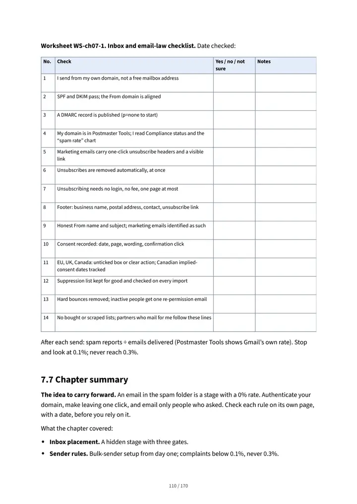Page 110: worksheet WS-ch07-1, the inbox and email-law checklist